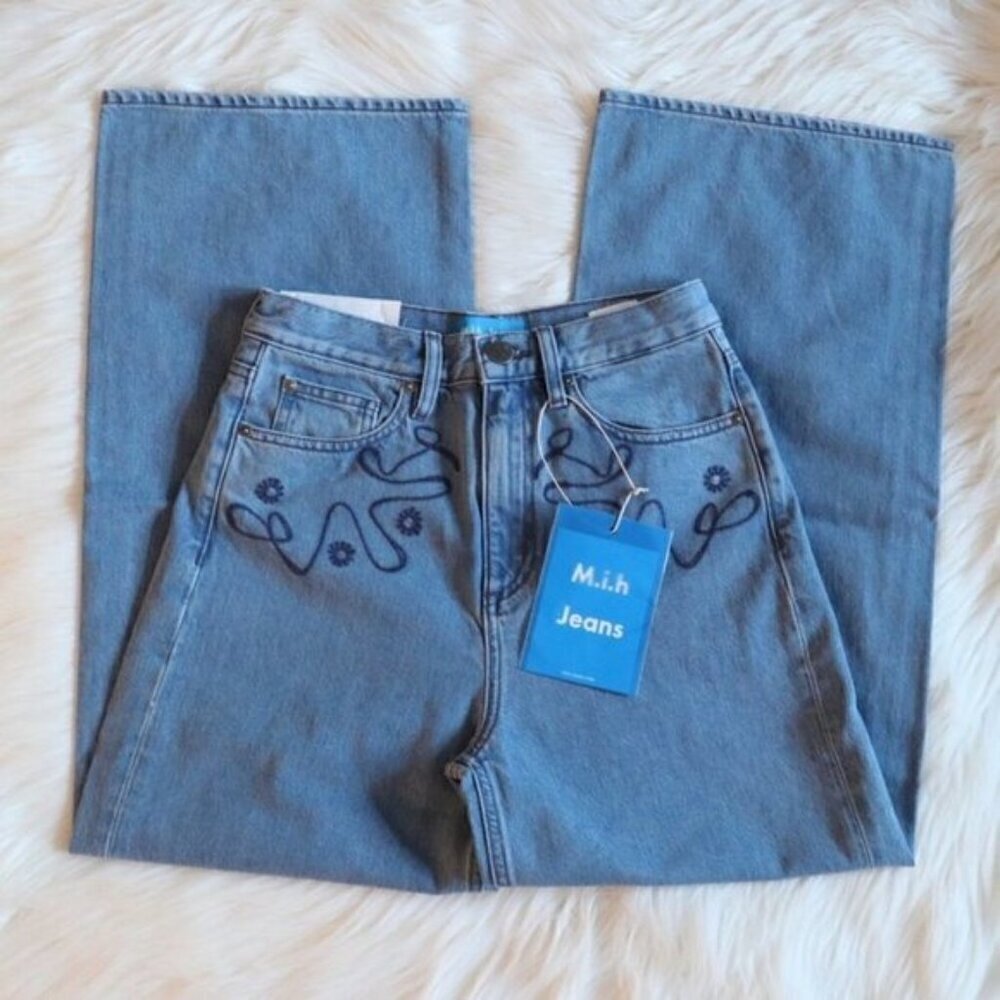 NWT Anthropologie M.i.H Embroidered Wide Leg Light Wash Cropped Jeans Size 24 - Picture 4 of 16